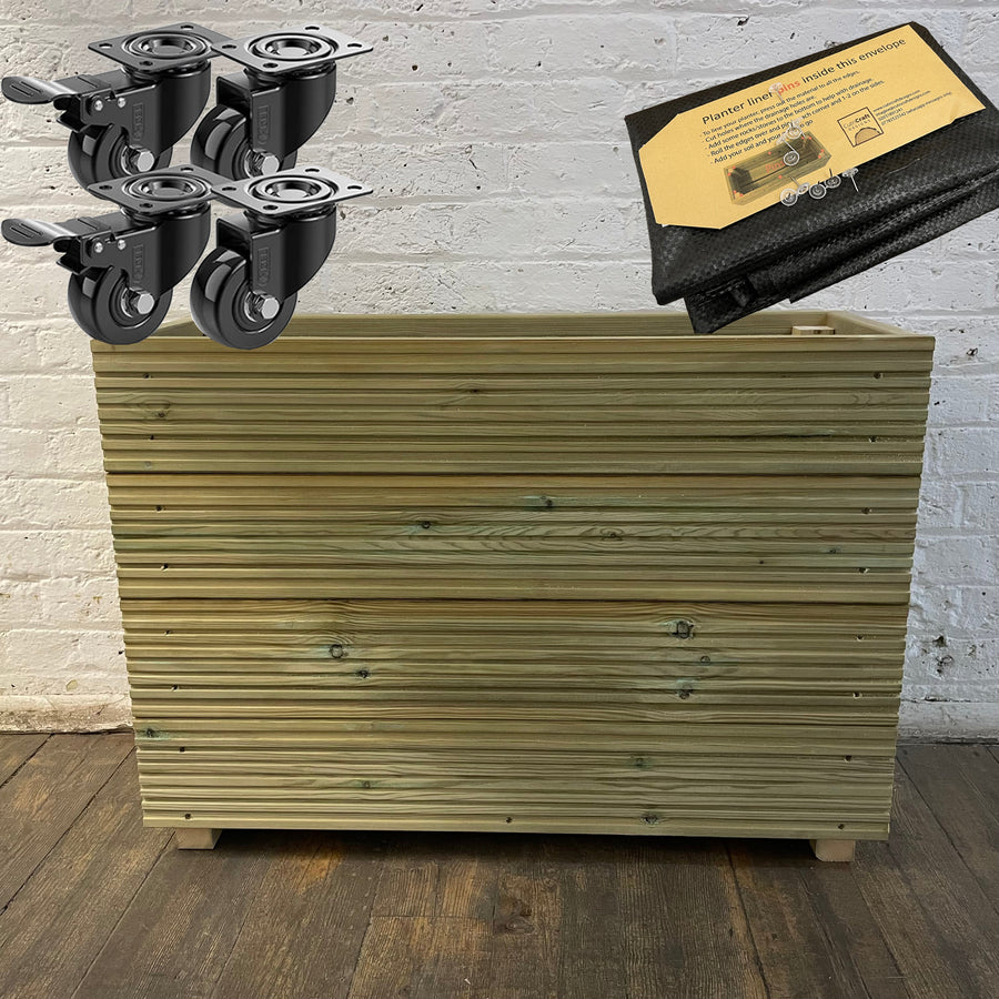 Tall Wooden Decking Planter – 88 × 35 × 63 cm fitted with a self-install liner and heavy-duty wheels