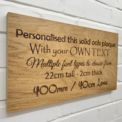 40 cm oak plaque showing sample personalised wording