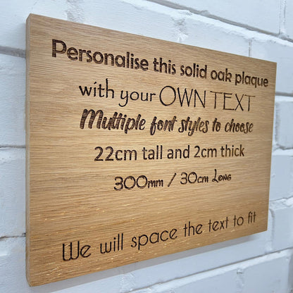 30 cm oak plaque showing sample personalised wording