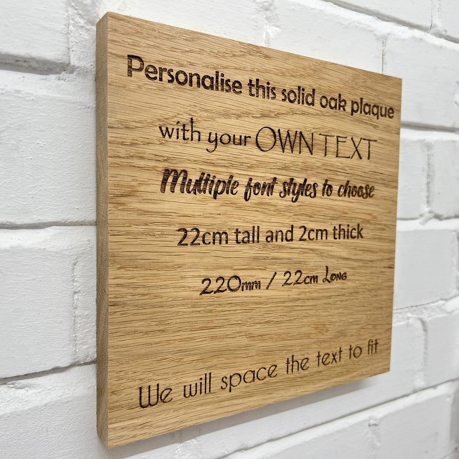 Square oak plaque showing sample fonts, 22 cm height and 2 cm thickness