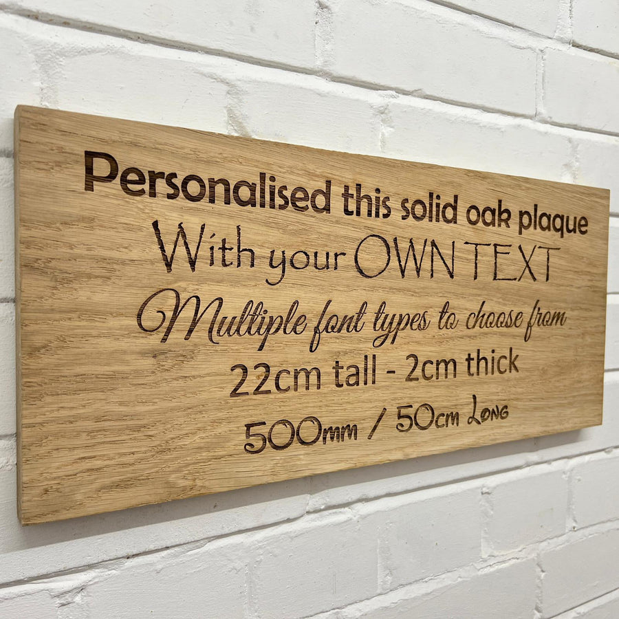 50 cm oak plaque showing sample personalised wording