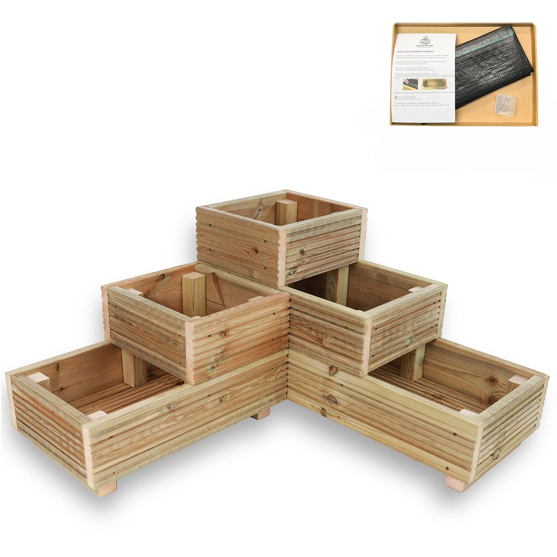 Self-install liner fitted inside a pressure-treated wooden garden planter