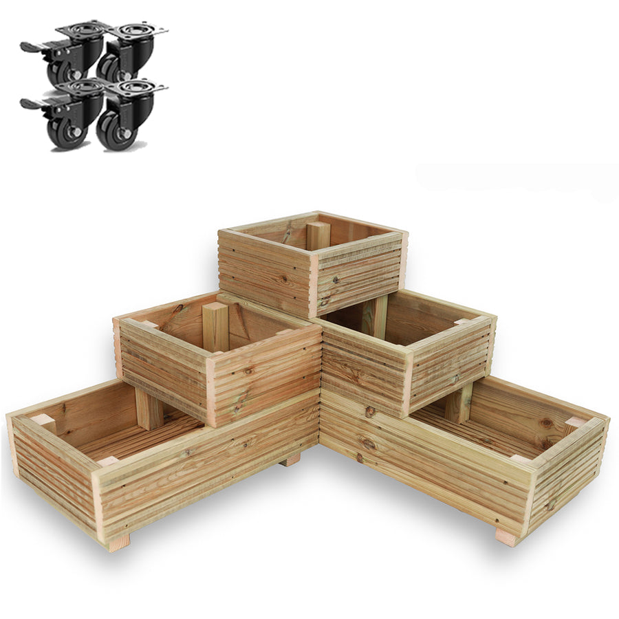 Set of four heavy-duty wheels fitted to a wooden garden planter