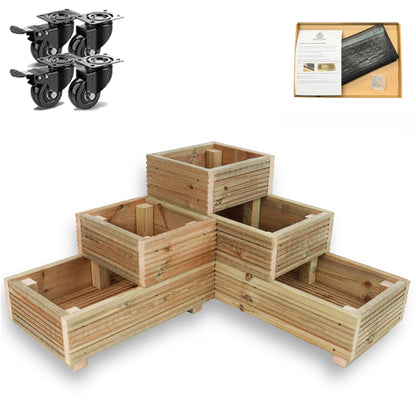Set of four heavy-duty wheels fitted to a wooden garden planter