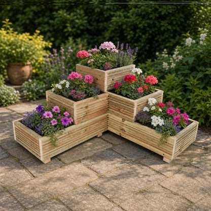 Tiered wooden corner garden planter planted with colourful flowers