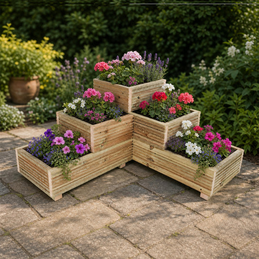 Tiered wooden corner garden planter planted with colourful flowers