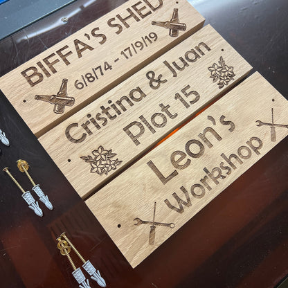 Custom oak shed, allotment and workshop plaque examples