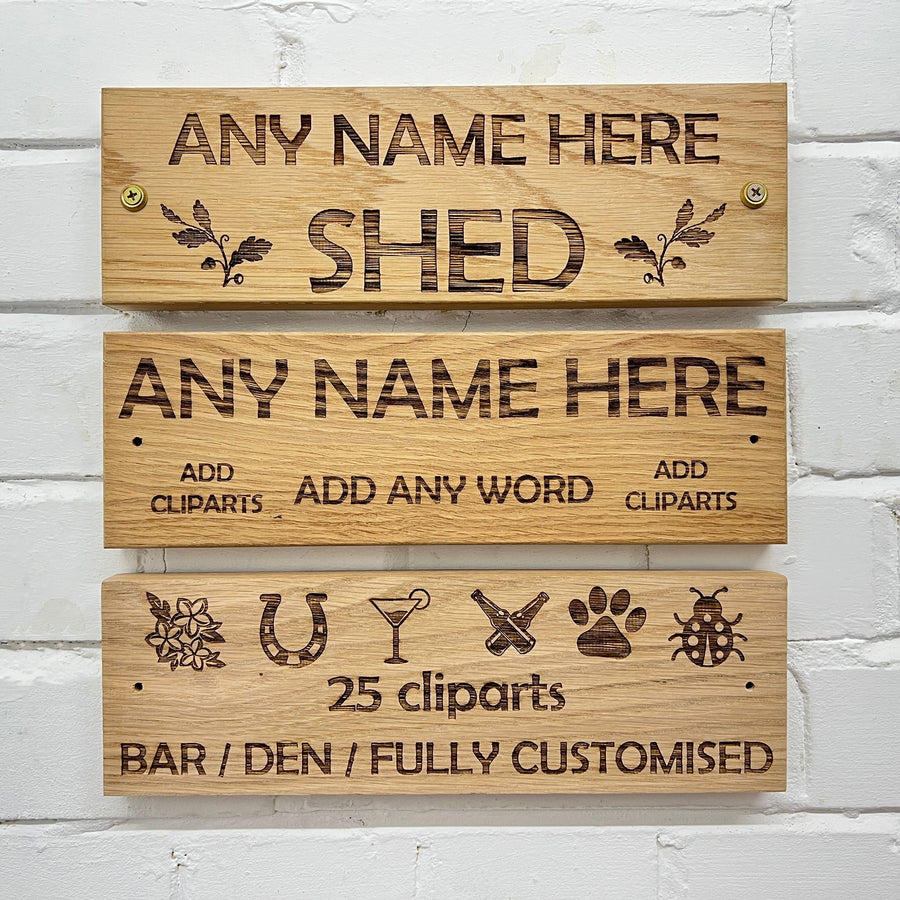 Personalised oak plaque examples with names, wording and clipart