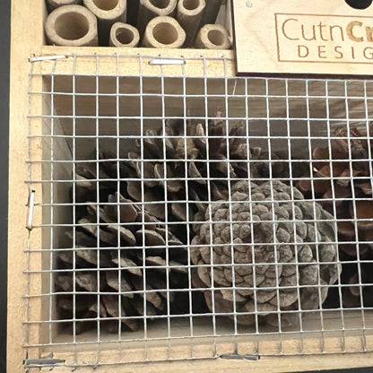 Close-up of the insect hotel's mesh-covered pine-cone chamber