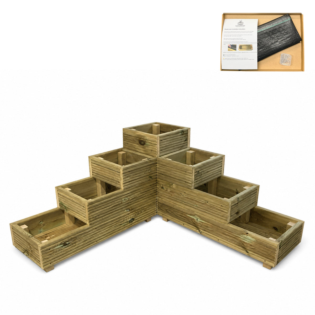 Self-install liner fitted inside a pressure-treated wooden garden planter