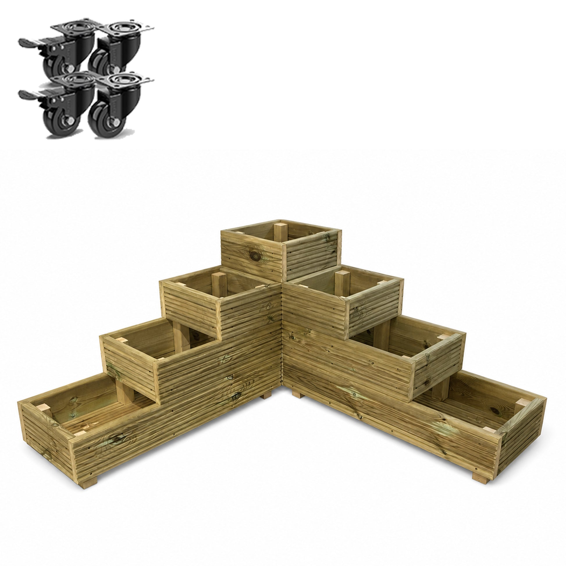 Set of four heavy-duty wheels fitted to a wooden garden planter