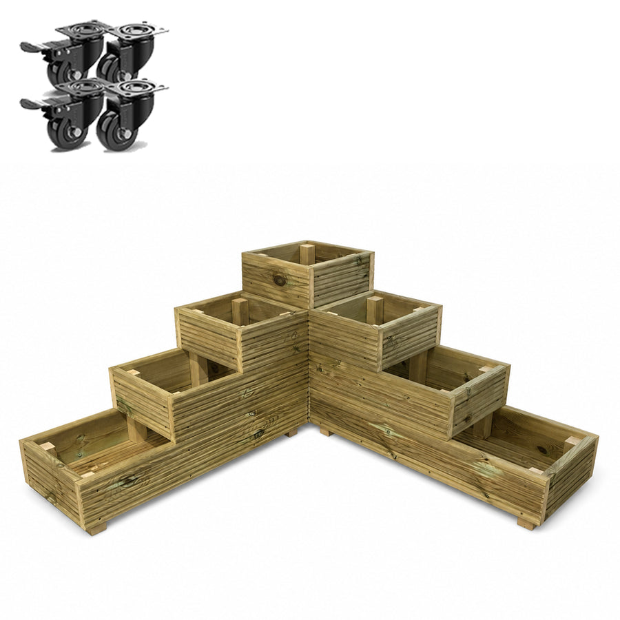 Set of four heavy-duty wheels fitted to a wooden garden planter