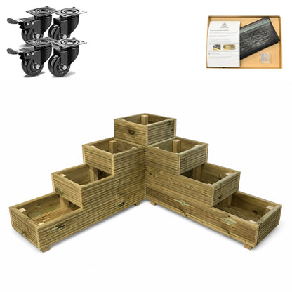 Set of four heavy-duty wheels fitted to a wooden garden planter