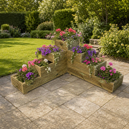 Tiered wooden corner garden planter planted with colourful flowers