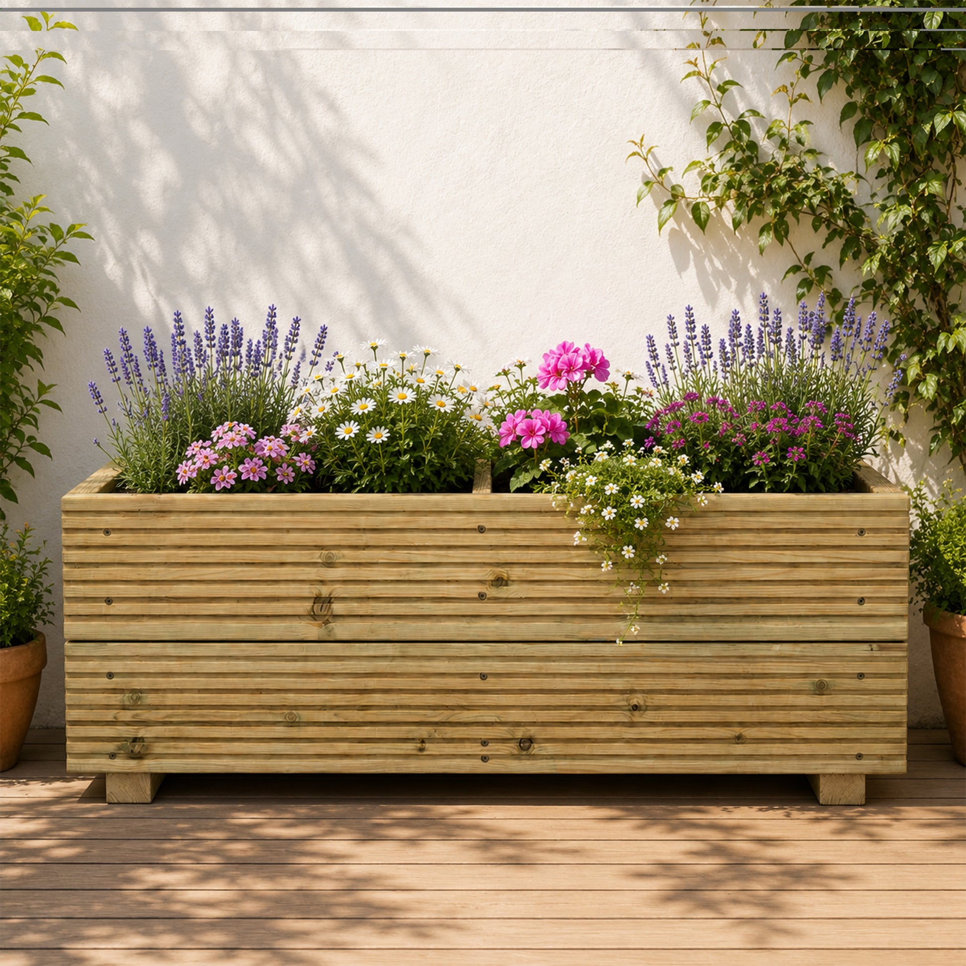 Large Decking Patio Planter With Central Divide 88 × 35 × 33 cm planted with colourful flowers
