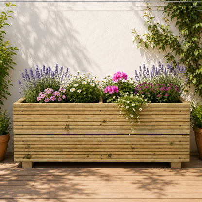 Large Decking Patio Planter With Central Divide 88 × 35 × 33 cm planted with colourful flowers