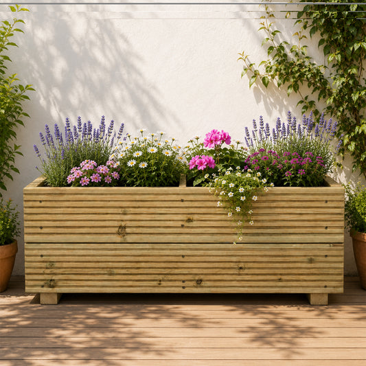 Large Decking Patio Planter With Central Divide 88 × 35 × 33 cm planted with colourful flowers