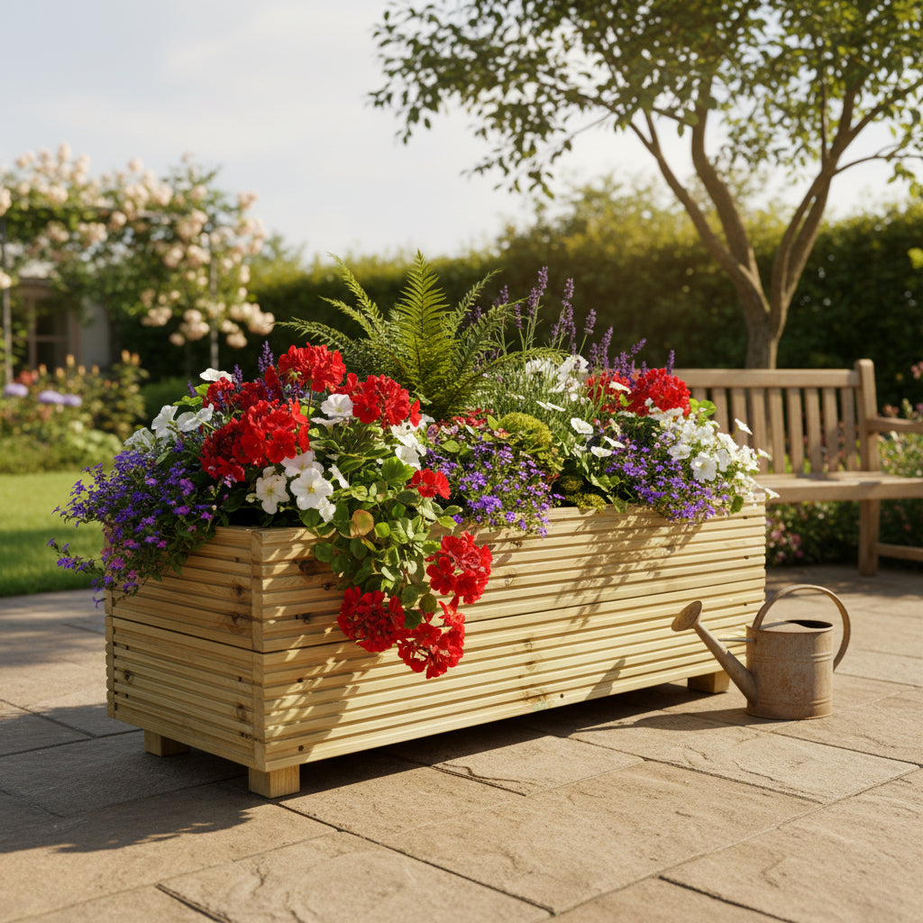 Wooden planter box with flowers on a patio