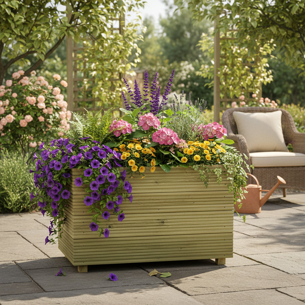 Colorful flower arrangement in a wooden planter on a patio with a garden background