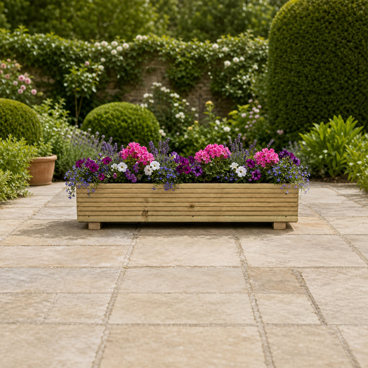 Set of two Single level Large Decking Patio Planter – 88 × 35 × 18 cm planted with colourful flowers