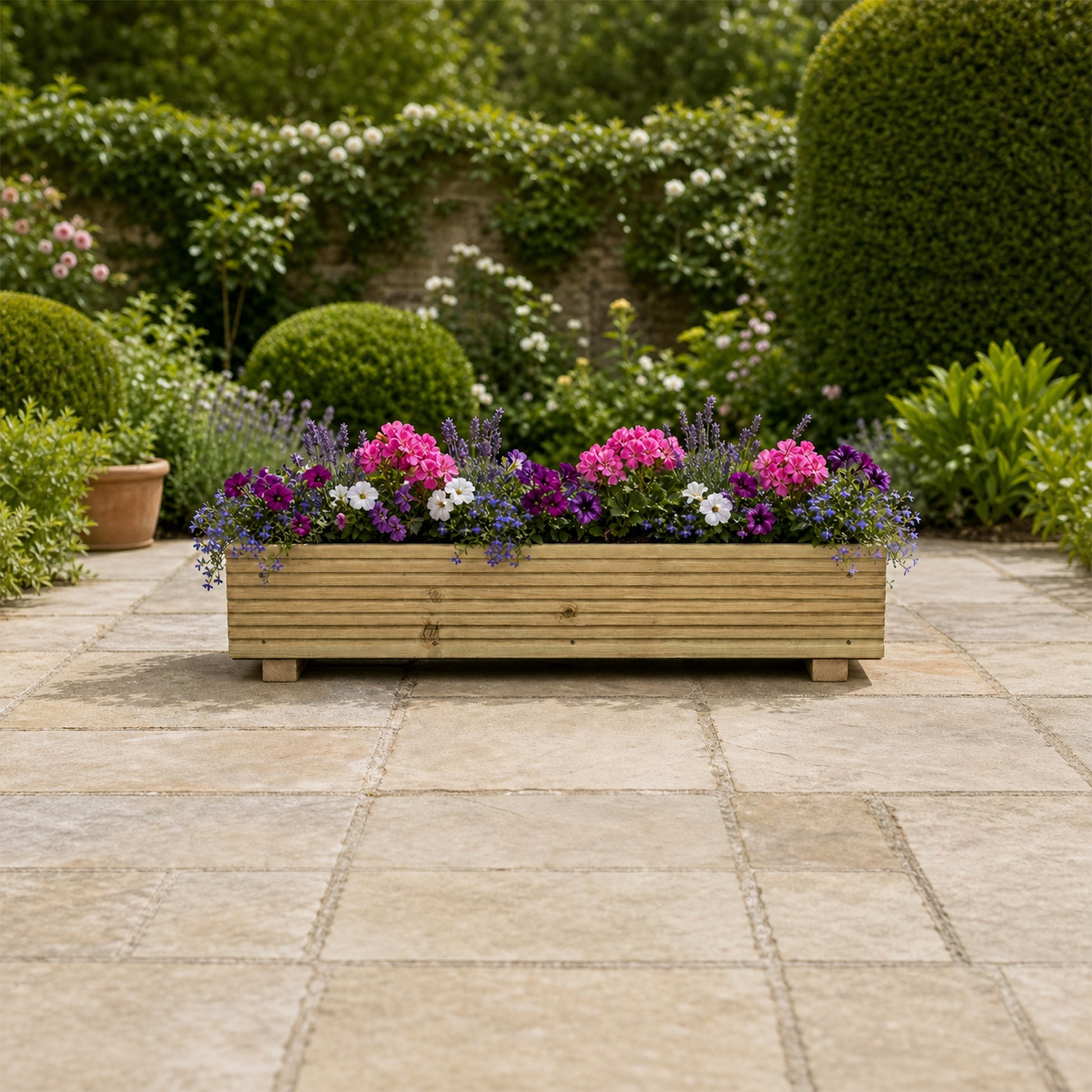 Set of two Single level Large Decking Patio Planter – 88 × 35 × 18 cm planted with colourful flowers