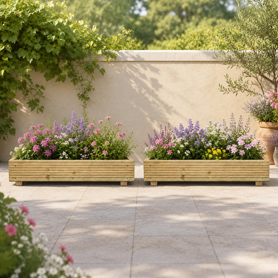 Set of two Single level Large Decking Patio Planter – 88 × 35 × 18 cm planted with colourful flowers