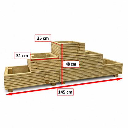 Three-tier straight wooden planter dimension guide showing 145 cm overall length and 48 cm overall height