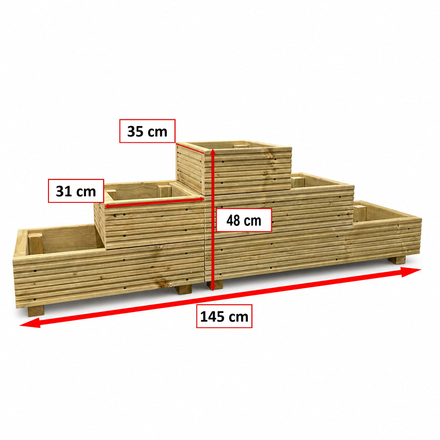 Three-tier straight wooden planter dimension guide showing 145 cm overall length and 48 cm overall height