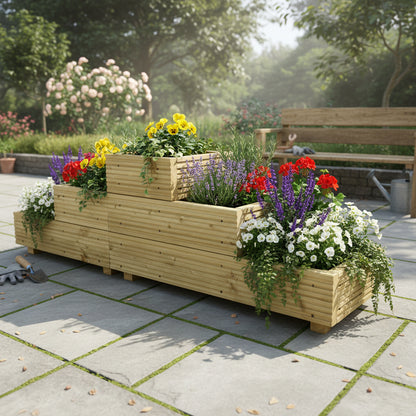 Large 3 – Tiered Straight Wooden Decking Planter planted with colourful flowers