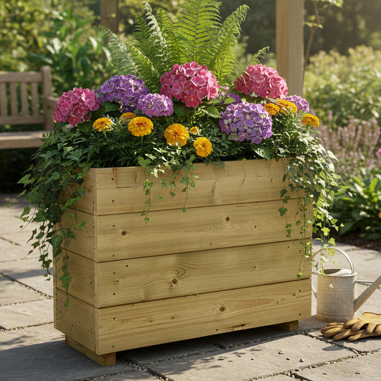 Wooden planter with flowers on a patio