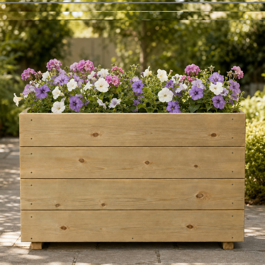 Tall Smooth Wooden Decking Patio Planter – 88 × 35 × 63 cm planted with colourful flowers